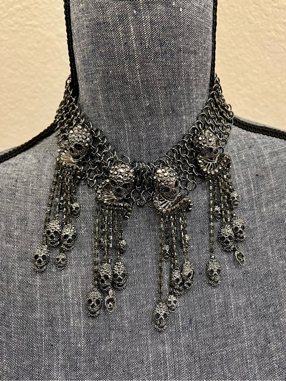 Natasha Couture Gunmetal Skull Crystal Chainmail Choker Necklace